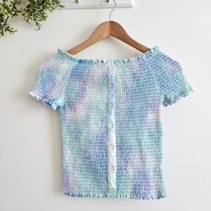 Beautees Girls Large Smocked Off Shoulder Top Tie Dye Aqua Blue NWT Y2K Boho